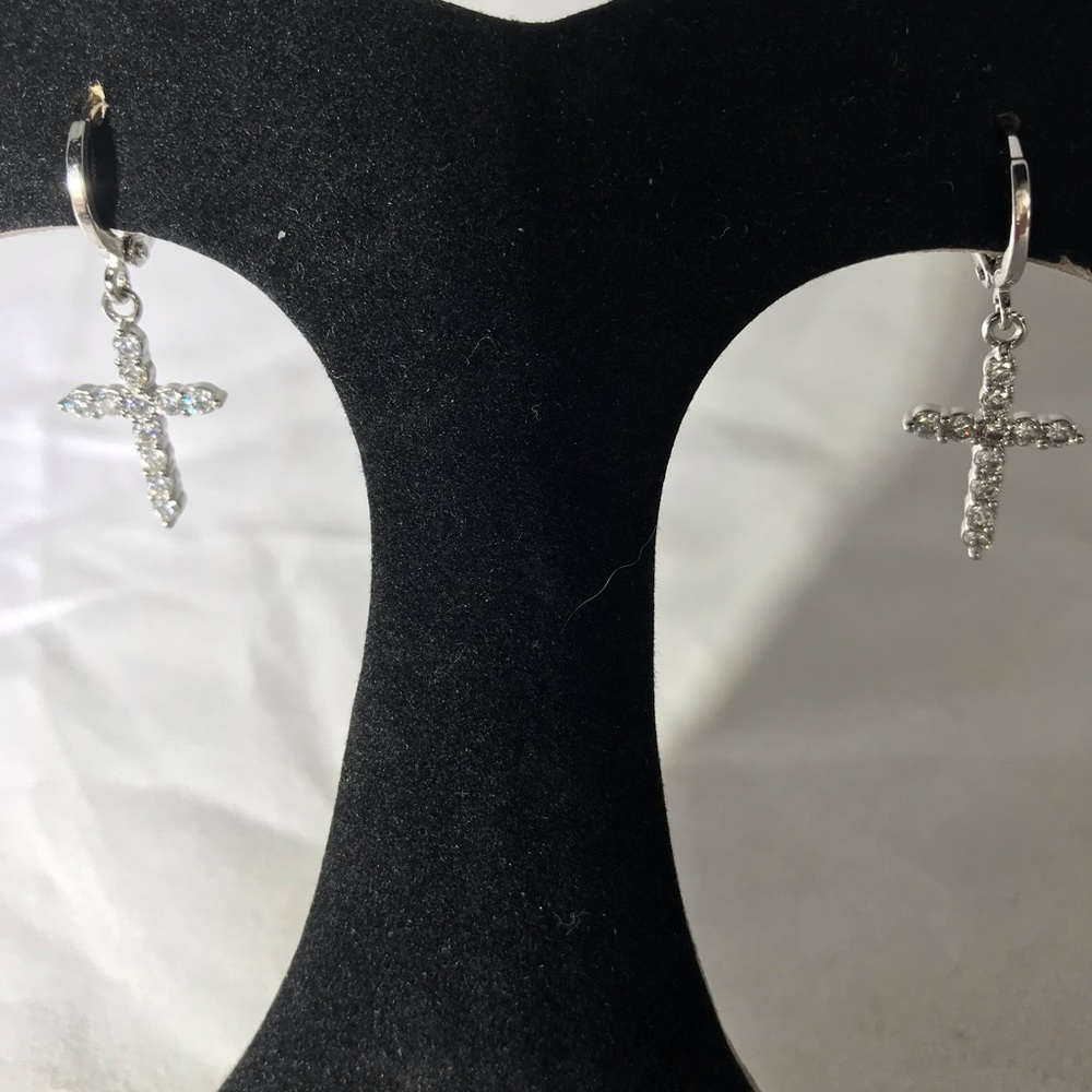 White Sapphire Cross Earrings Stainless Steel - Picture 1 of 3